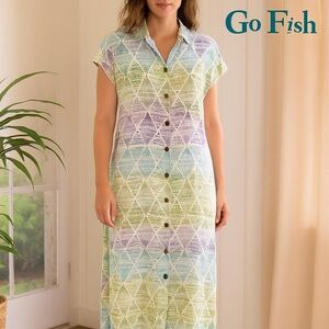 Go Fish, Rayon Ikat Dress, Go Fish Batik Button Front Midi Dress,  EUC,Size XL